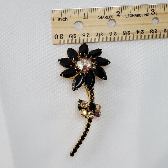 Juliana D&E Brooch Jet Black AB Flower Vintage Delizza Elster Designer Jewelry - Picture 6 of 16
